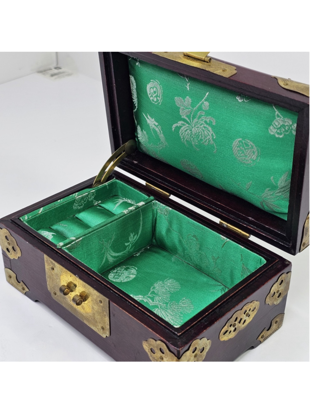 Vintage Shanghai Chinese Jewelry Box Wood Brass Jade Style Medallion With Lock